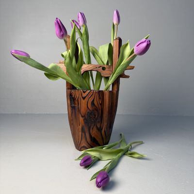 Sugi Wooden Japanese Ikebana Vase with Copper Reservoir, 1960s