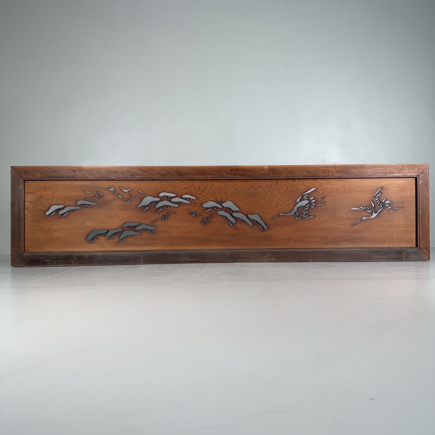 Japanese Ranma Transom Panel, Cranes & Pine Motif, Wooden Architectural Element, 1930s