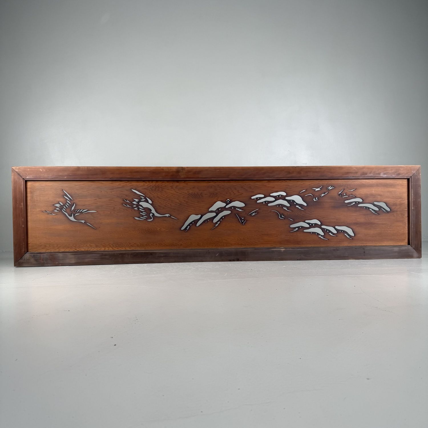 Japanse Ranma, Kraanvogels & Pijnboomdecor, Houten Architecturaal Paneel, 1930s