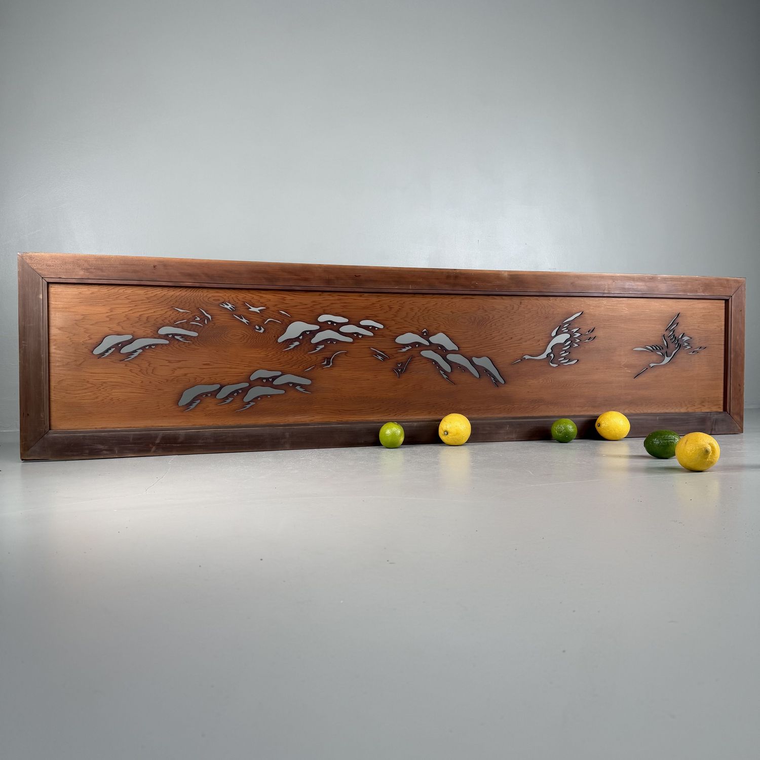Japanse Ranma, Kraanvogels & Pijnboomdecor, Houten Architecturaal Paneel, 1930s