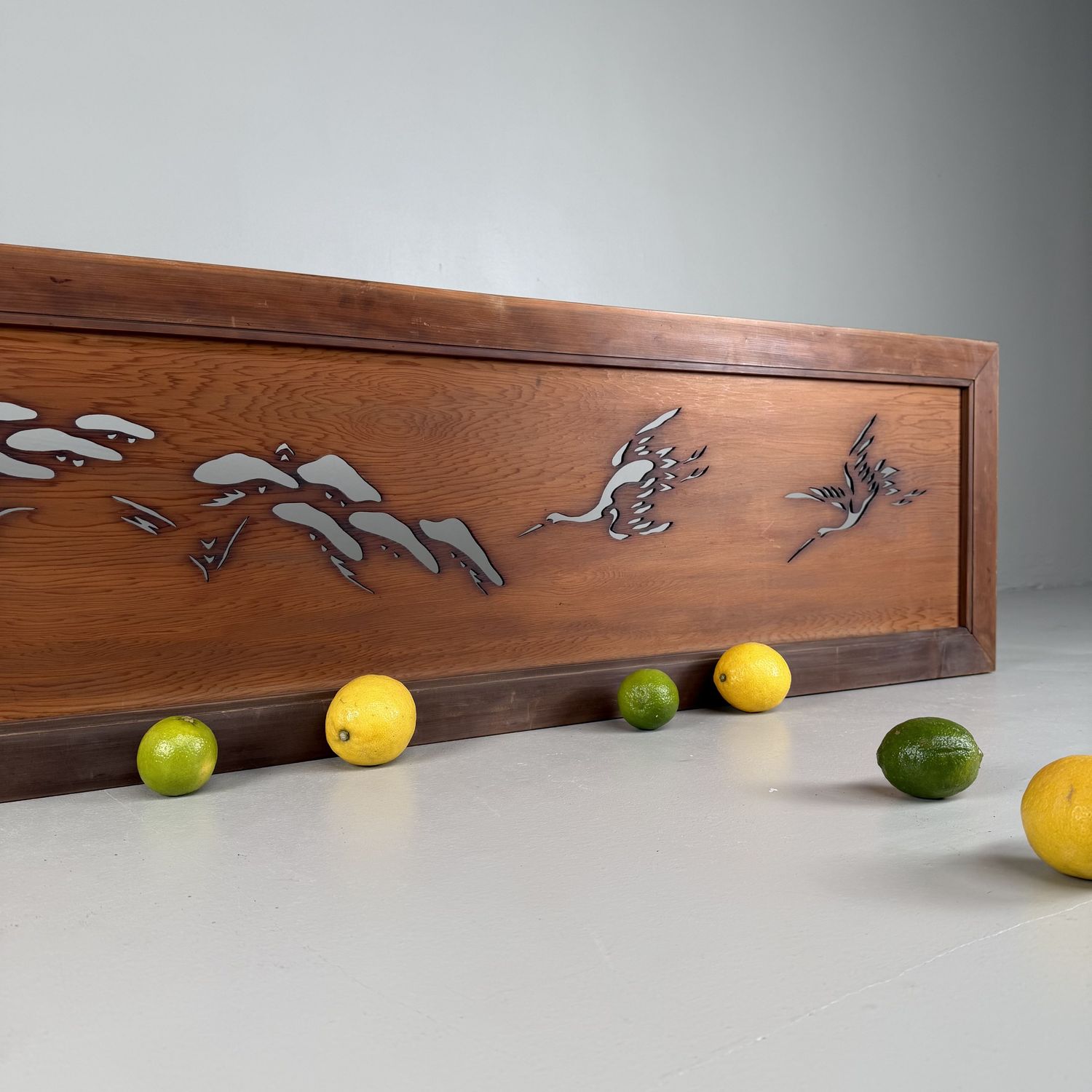 Japanse Ranma, Kraanvogels & Pijnboomdecor, Houten Architecturaal Paneel, 1930s