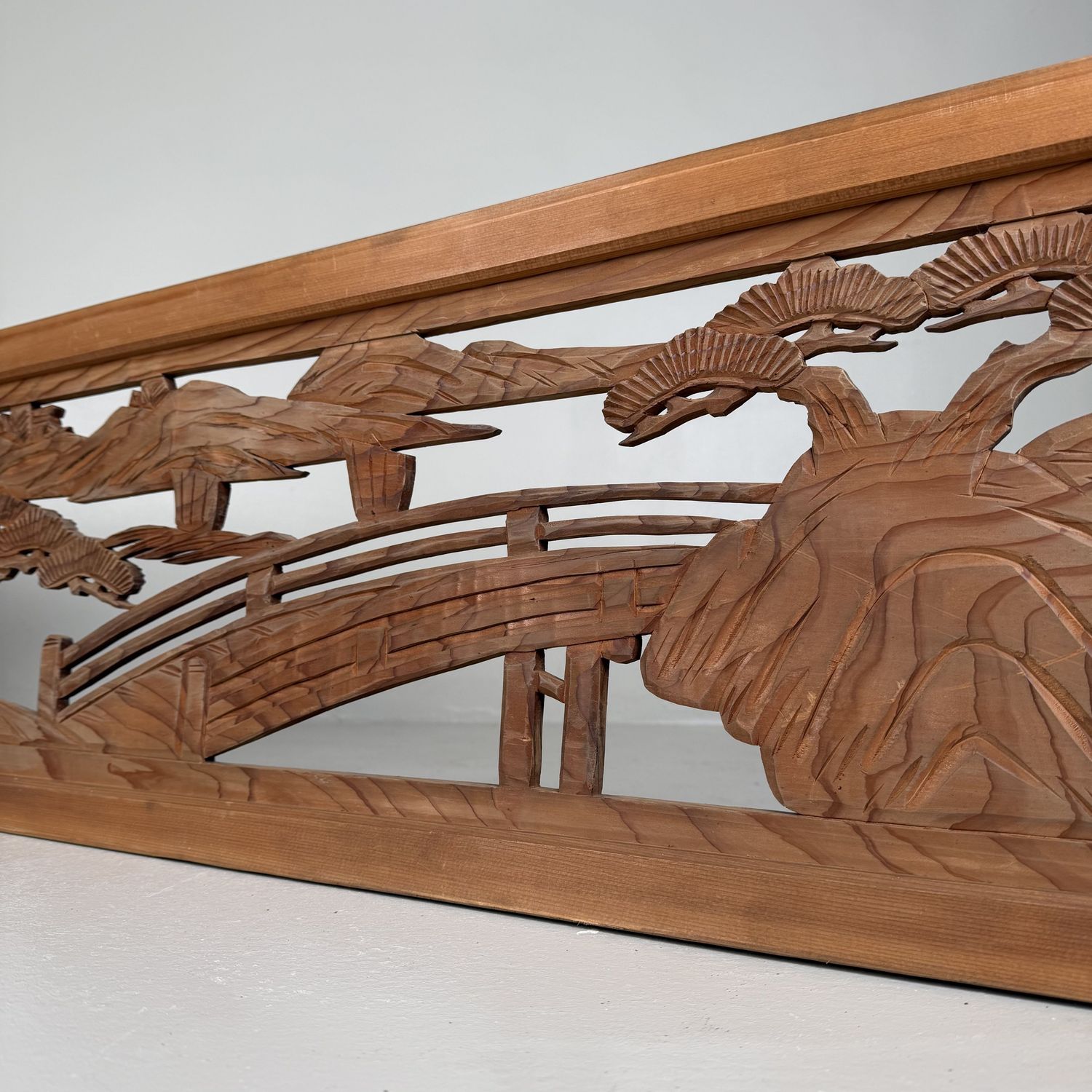 Japanese Ranma, Landscape Motif, Wooden Architectural Panel, 1950s
