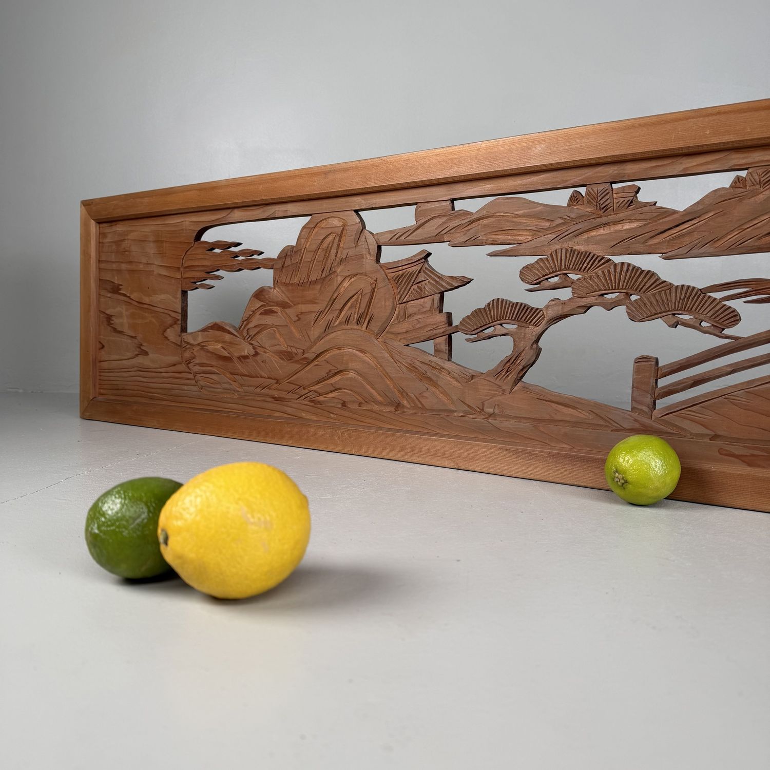Japanese Ranma, Landscape Motif, Wooden Architectural Panel, 1950s