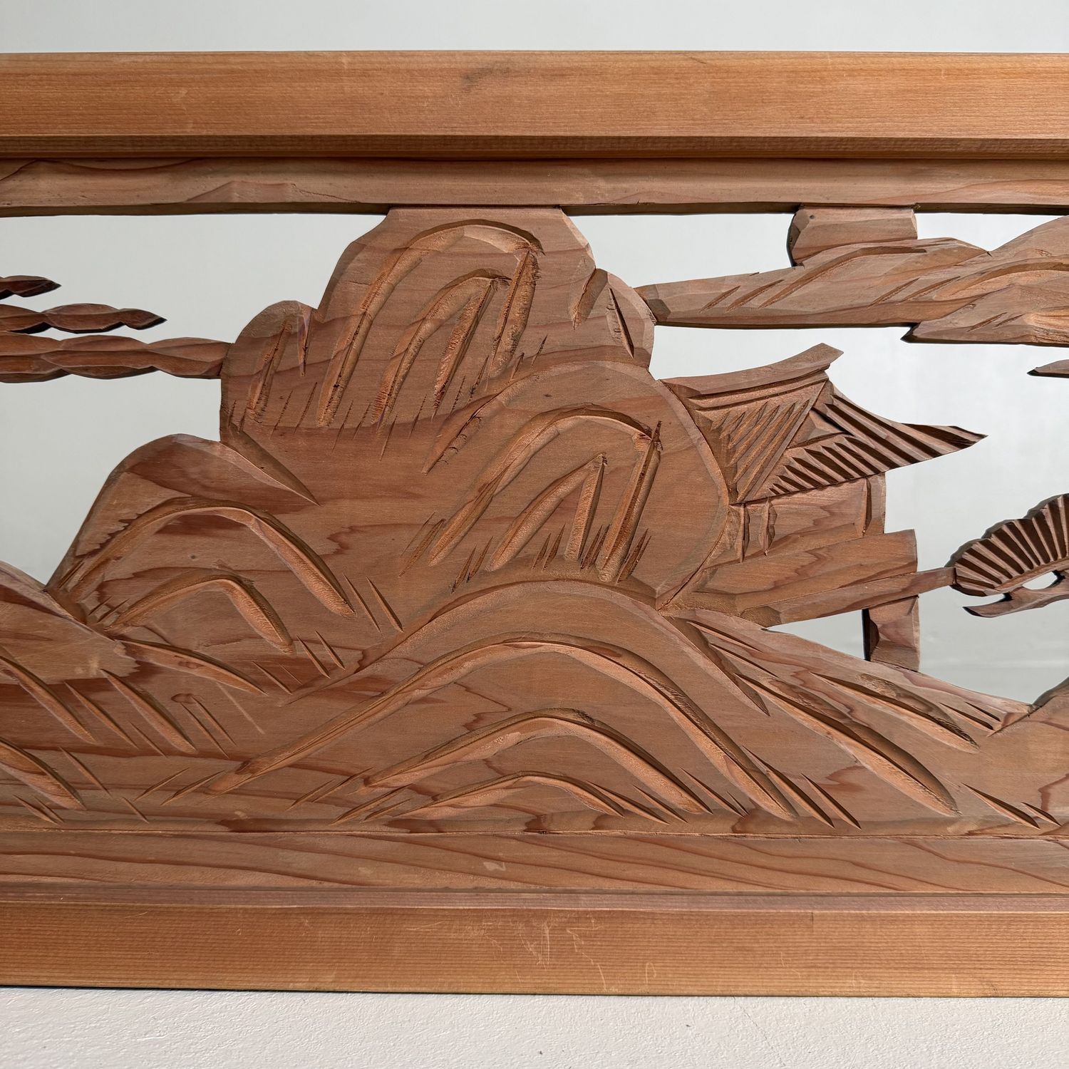 Japanese Ranma, Landscape Motif, Wooden Architectural Panel, 1950s