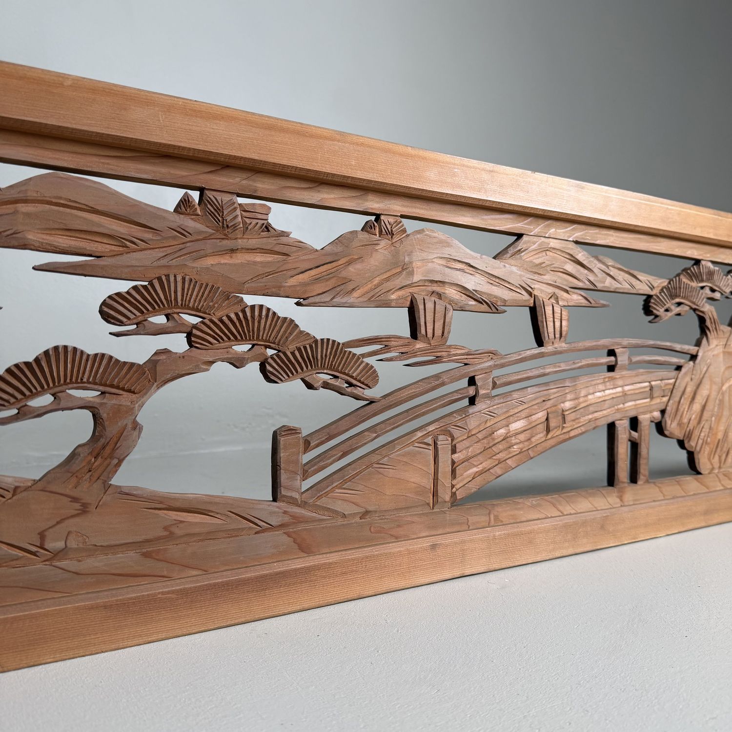 Japanese Ranma, Landscape Motif, Wooden Architectural Panel, 1950s