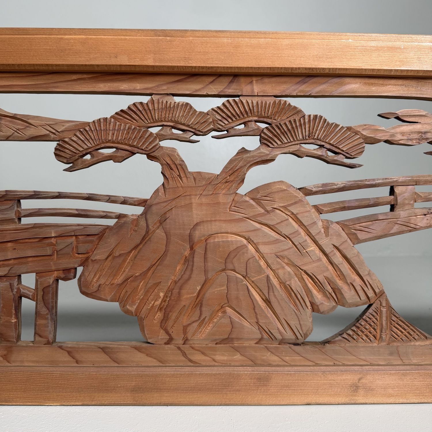 Japanese Ranma, Landscape Motif, Wooden Architectural Panel, 1950s