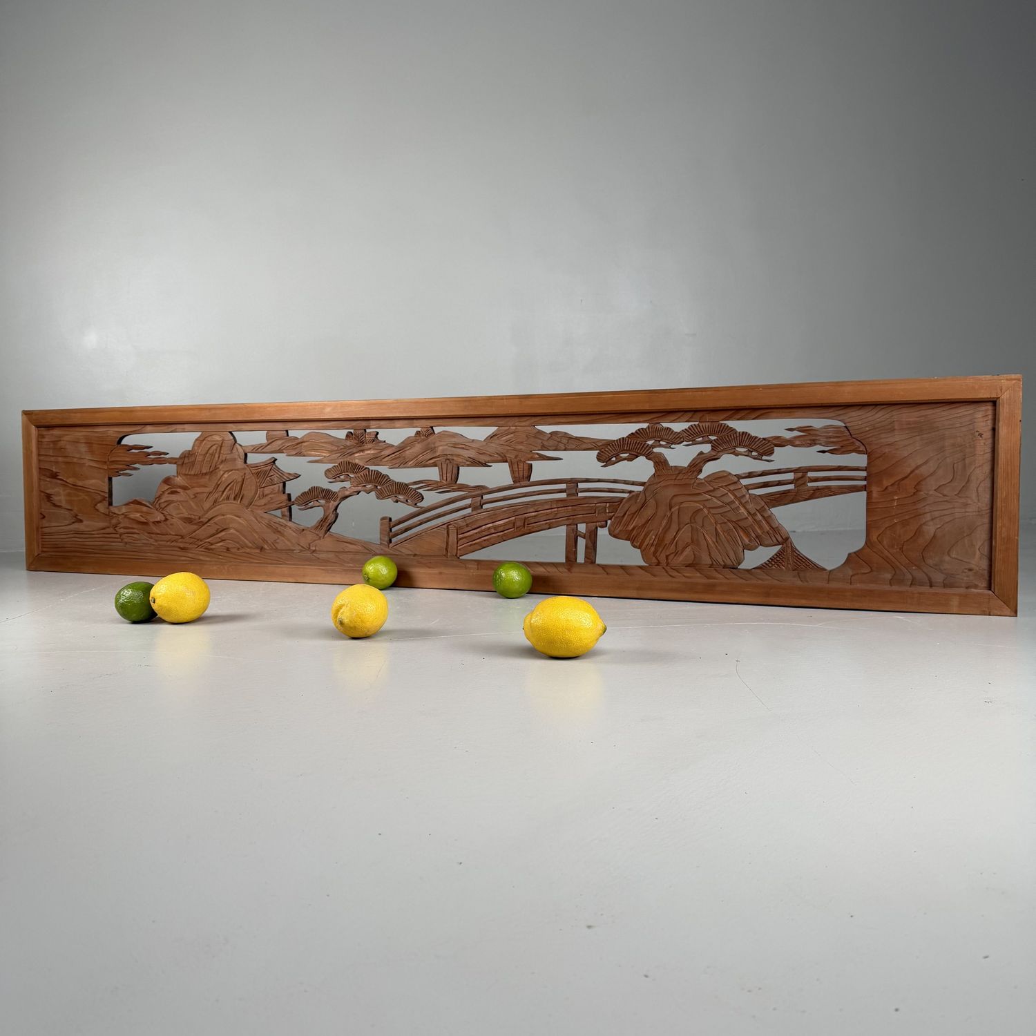 Japanese Ranma, Landscape Motif, Wooden Architectural Panel, 1950s