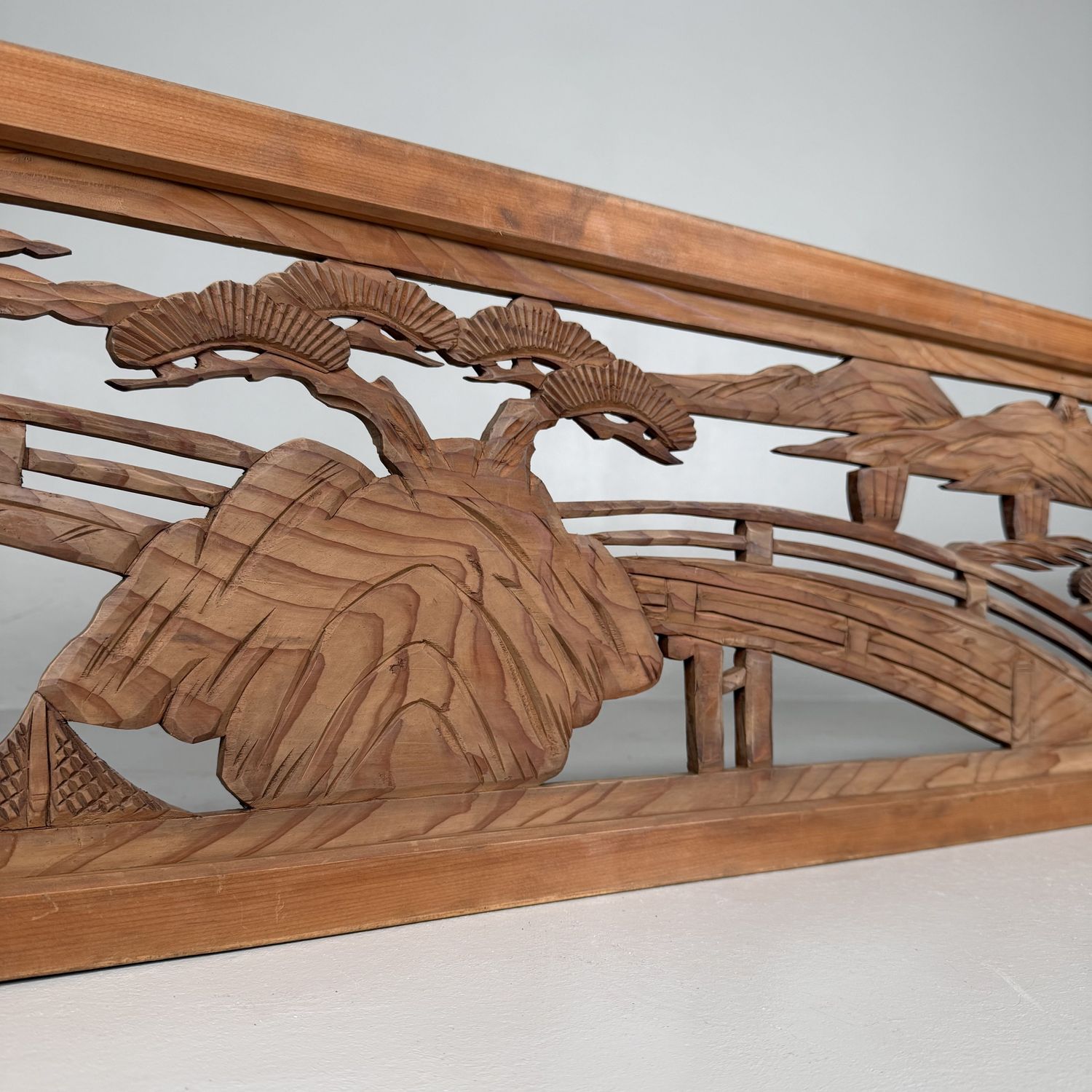 Japanese Ranma, Landscape Motif, Wooden Architectural Panel, 1950s