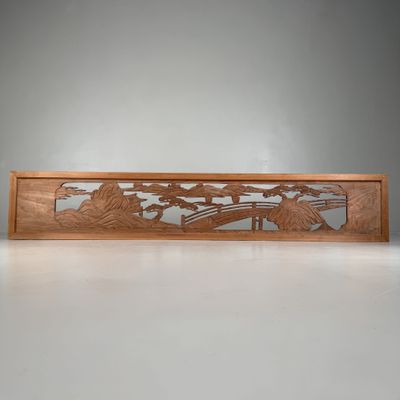 Japanese Ranma, Landscape Motif, Wooden Architectural Panel, 1950s
