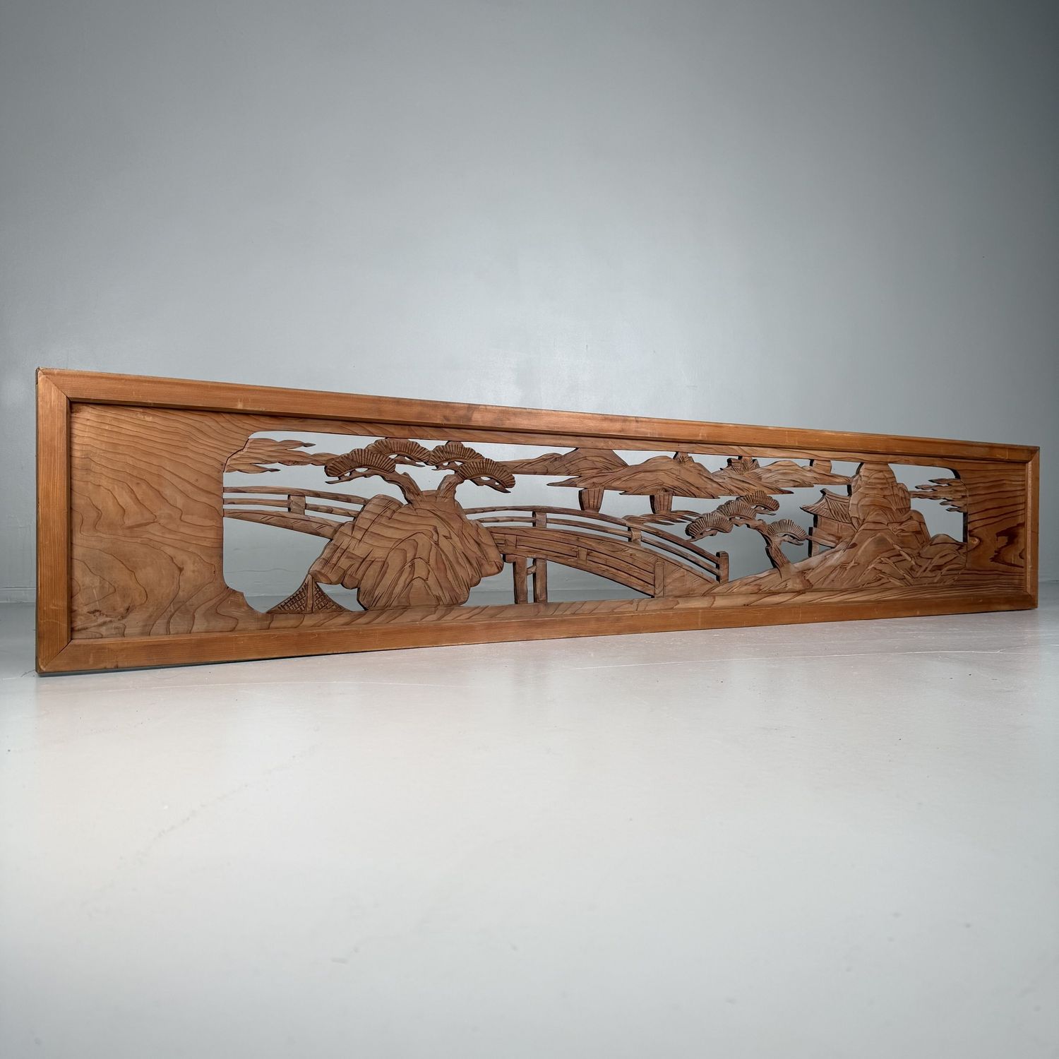 Japanese Ranma, Landscape Motif, Wooden Architectural Panel, 1950s
