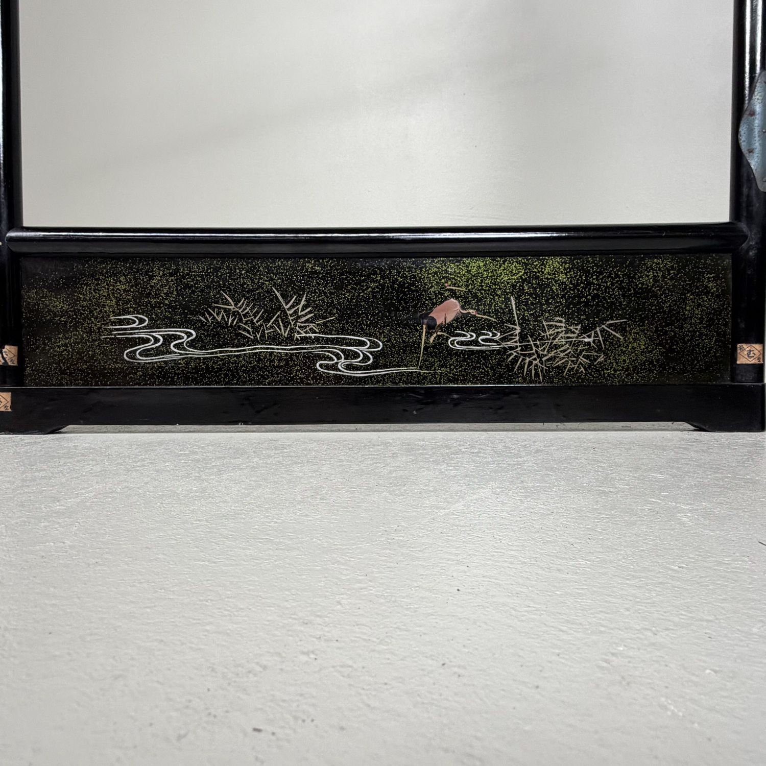 Antique Japanese Kimono Hanger, Black Lacquer Ikō with Cranes, 1920s