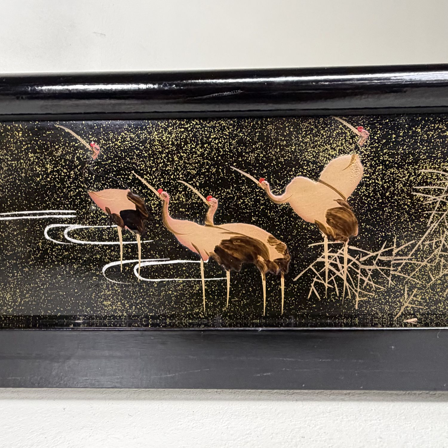Antique Japanese Kimono Hanger, Black Lacquer Ikō with Cranes, 1920s