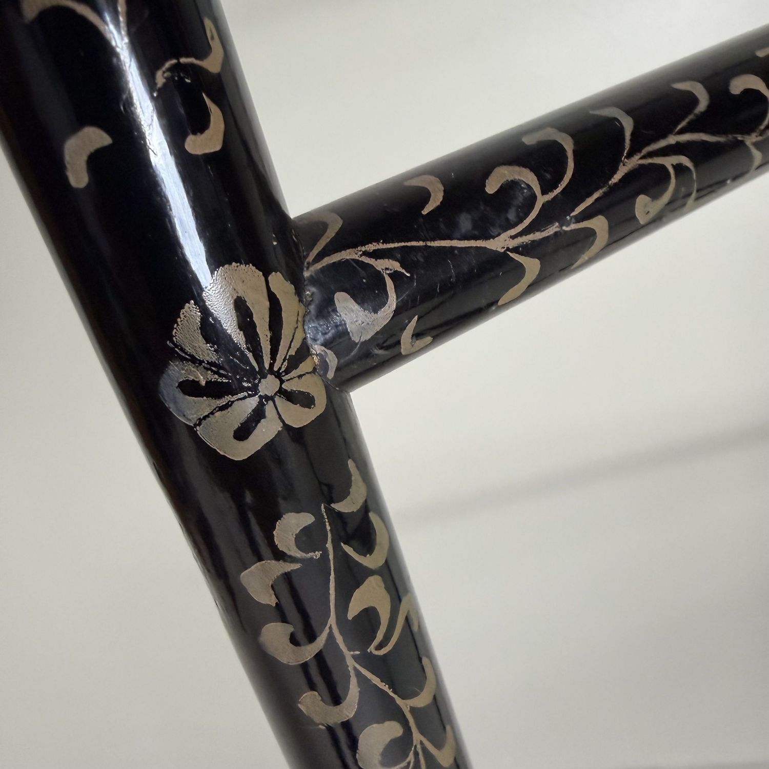 Antique Japanese Kimono Hanger, Black Lacquer Ikō with Cranes, 1920s