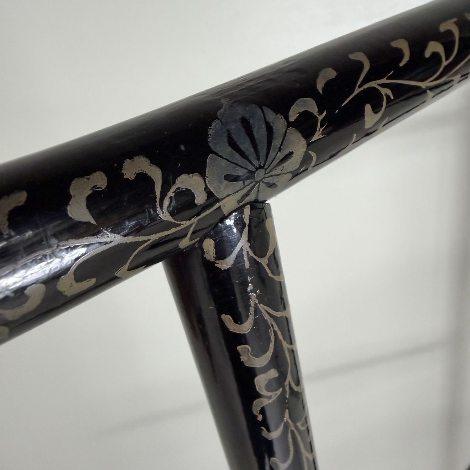 Antique Japanese Kimono Hanger, Black Lacquer Ikō with Cranes, 1920s