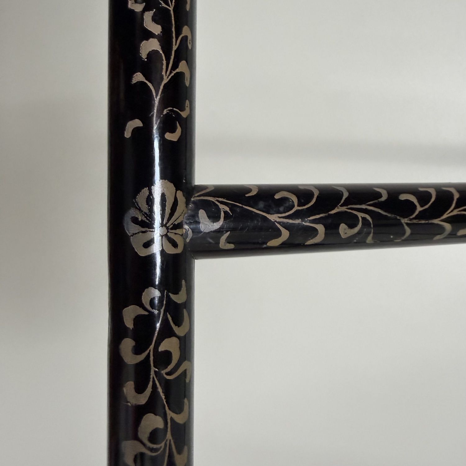 Antique Japanese Kimono Hanger, Black Lacquer Ikō with Cranes, 1920s