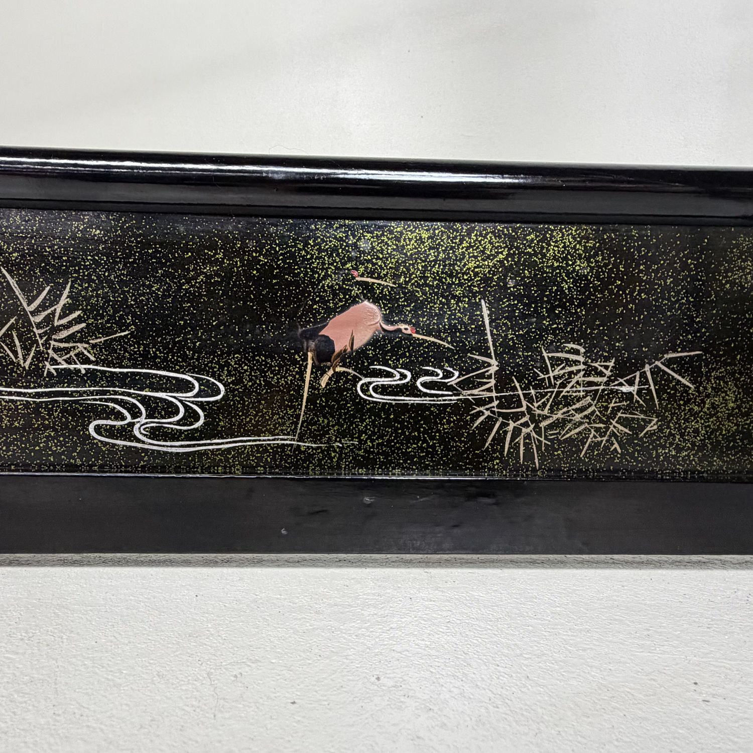 Antique Japanese Kimono Hanger, Black Lacquer Ikō with Cranes, 1920s