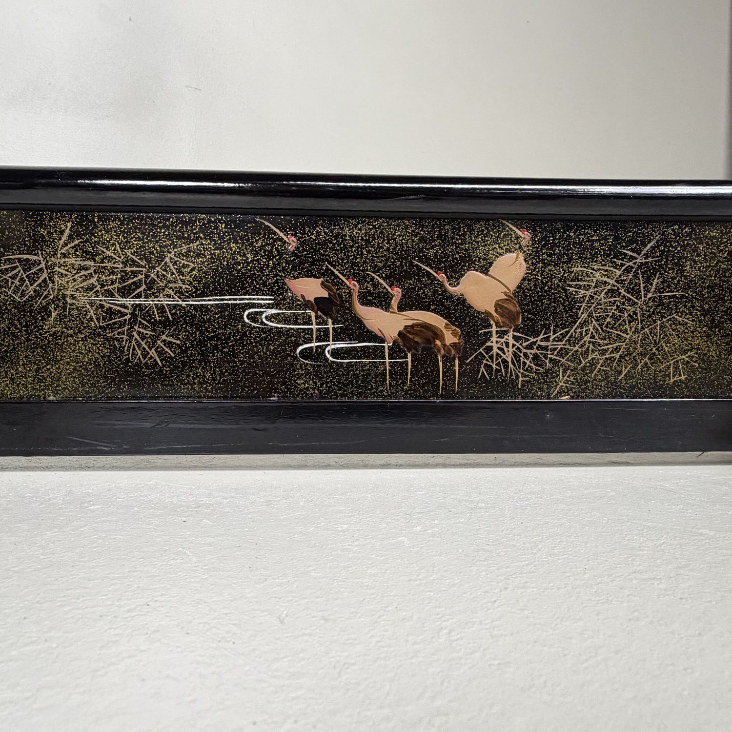Antique Japanese Kimono Hanger, Black Lacquer Ikō with Cranes, 1920s
