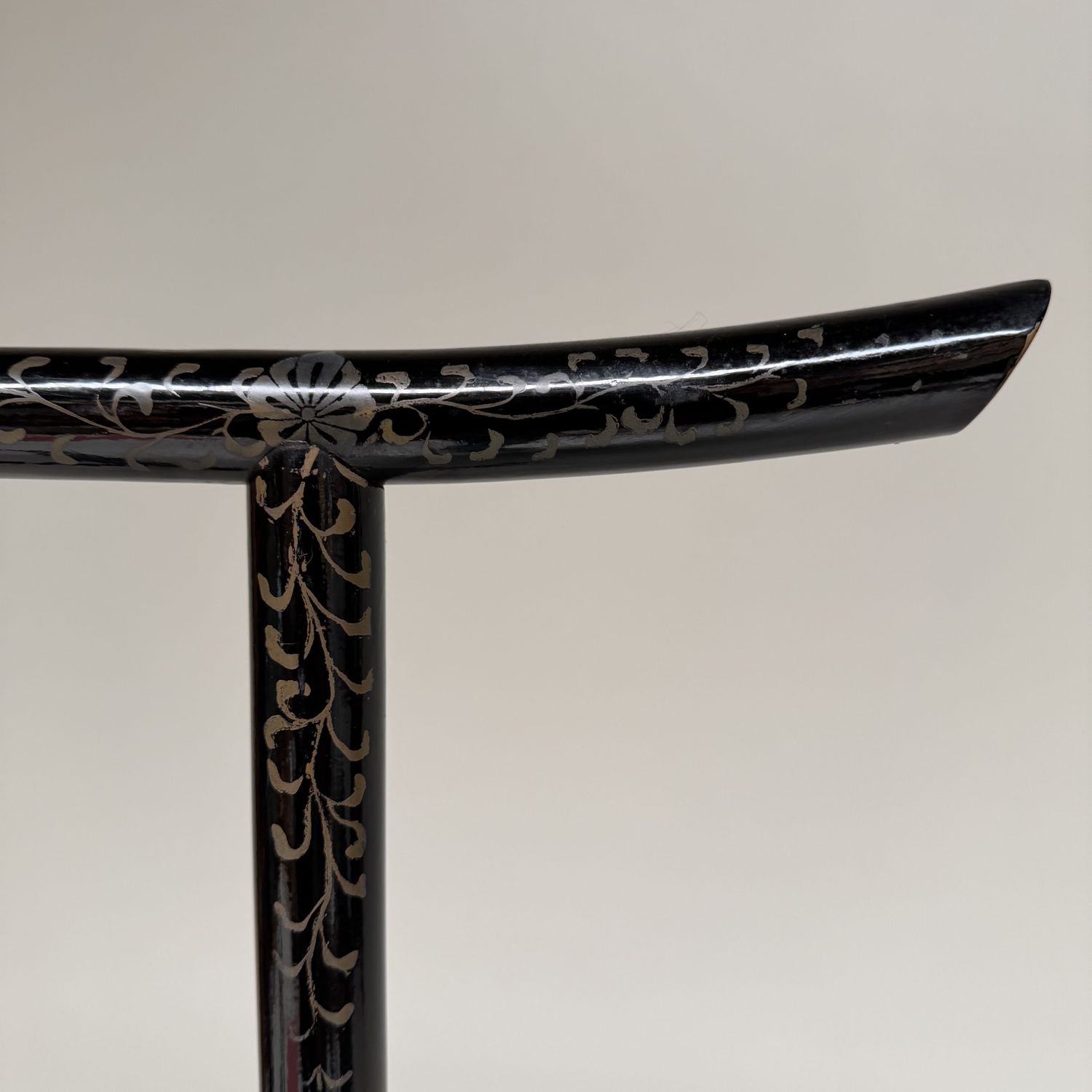 Antique Japanese Kimono Hanger, Black Lacquer Ikō with Cranes, 1920s
