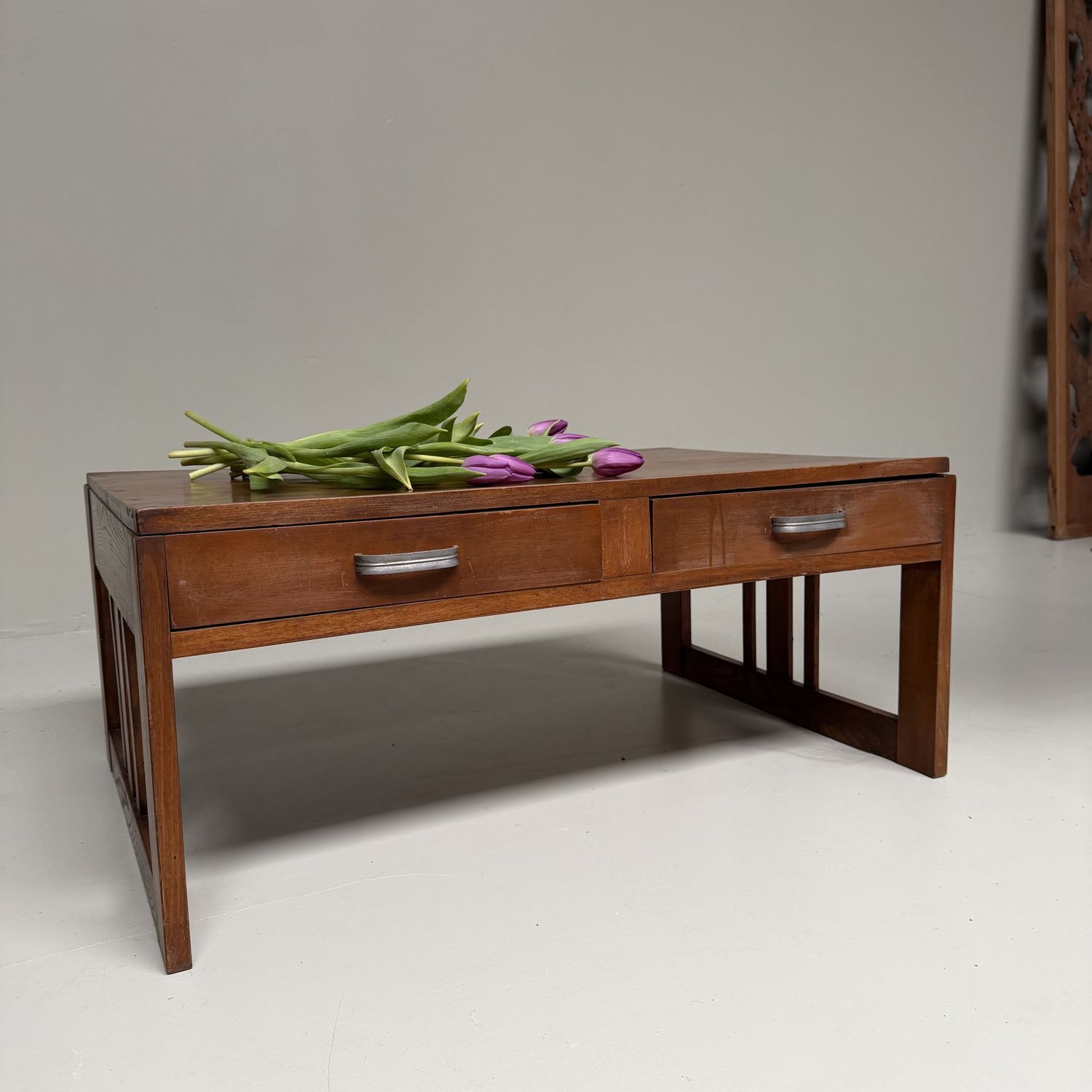 Japanese Low Writing Table, Chabudai with Two Drawers, 1920s