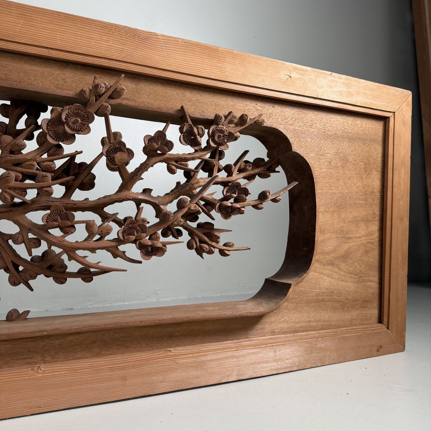 Monumental Japanese Ranma Transom Panel, Sakura, Sculptural Wall Piece, 1960s