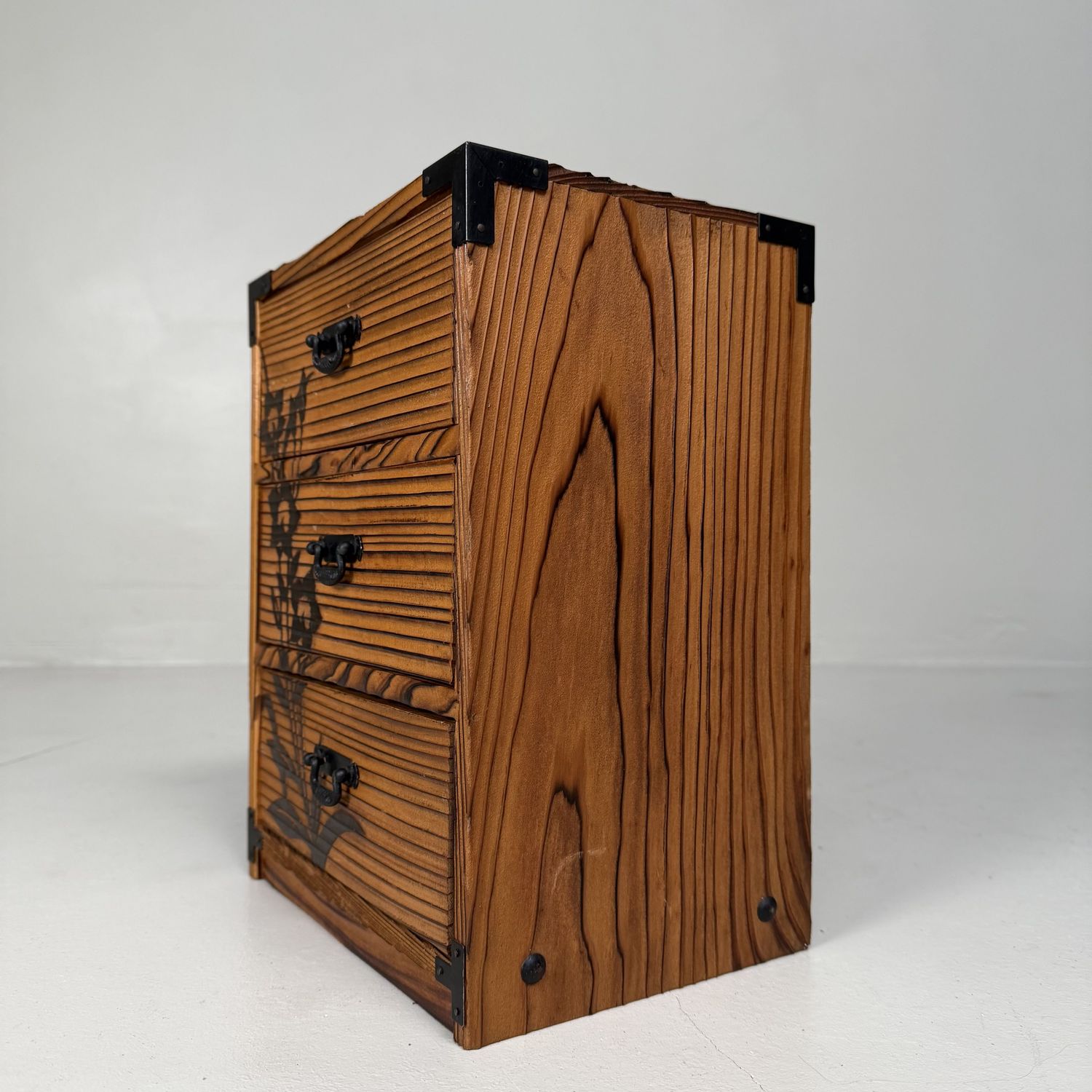 Vintage Japanese Sugi Drawer Cabinet with Floral Decor, 1980s