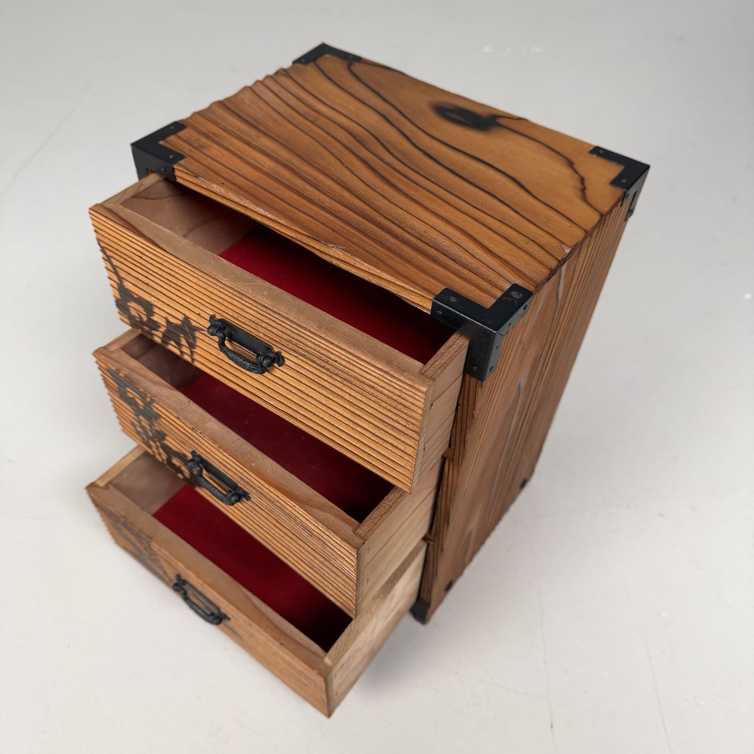 Vintage Japanese Sugi Drawer Cabinet with Floral Decor, 1980s