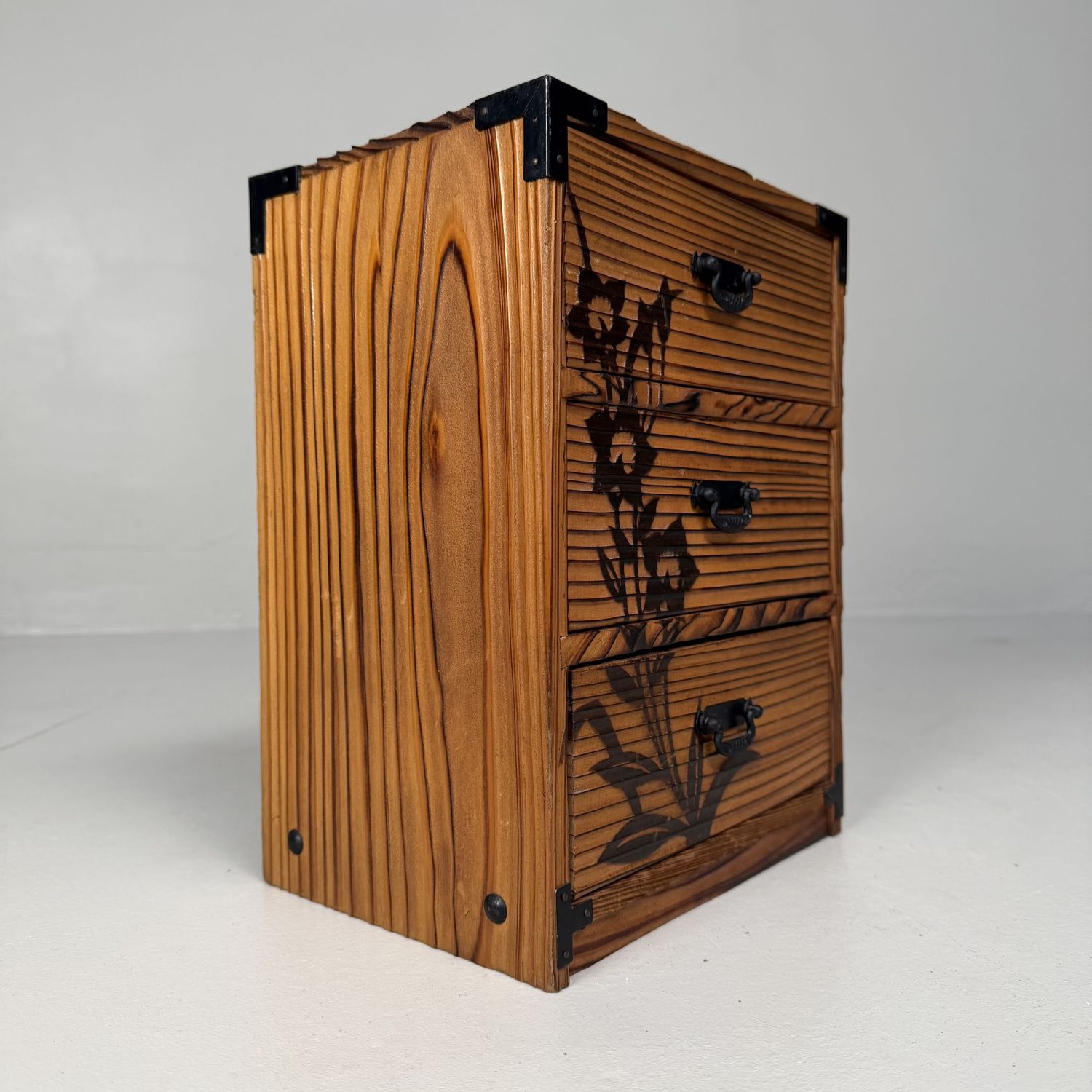 Vintage Japanese Sugi Drawer Cabinet with Floral Decor, 1980s