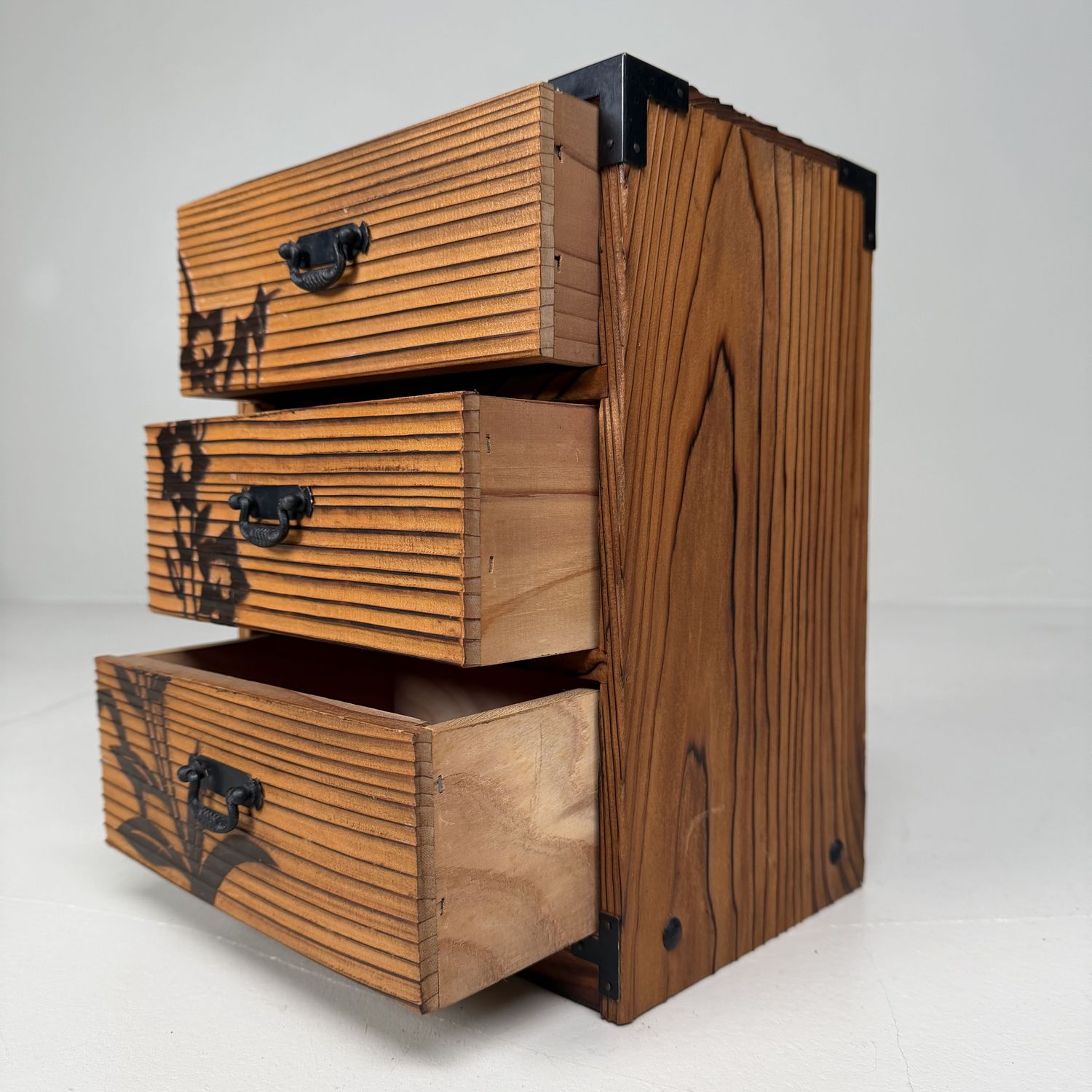 Vintage Japanese Sugi Drawer Cabinet with Floral Decor, 1980s