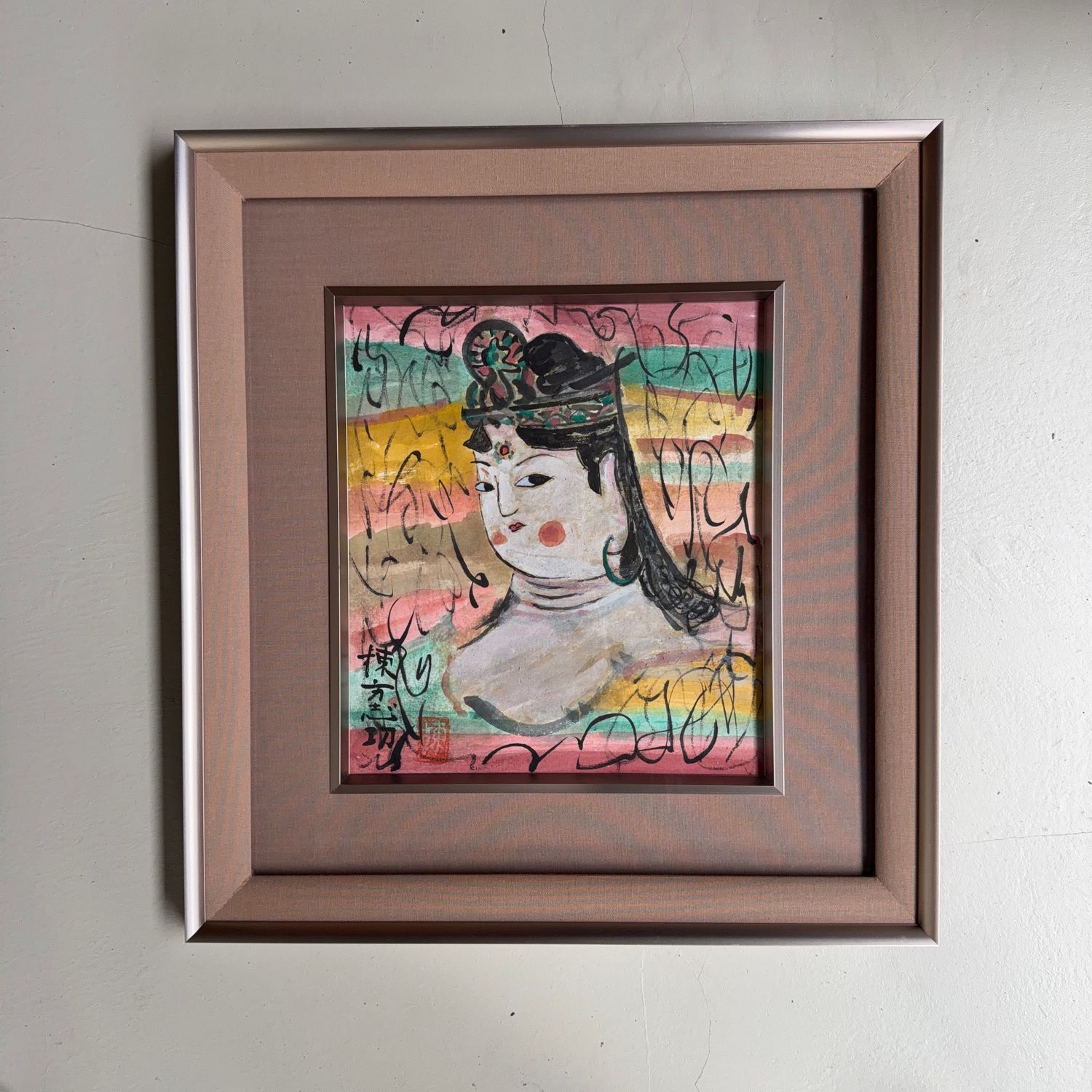 Japanese mixed-media work on paper, “Virtuous Woman” (善女人棚), after Munakata Shikō, 1950s Japanese mixed-media work on paper, “Virtuous Woman” (善女人棚), after Munakata Shikō, 1950s