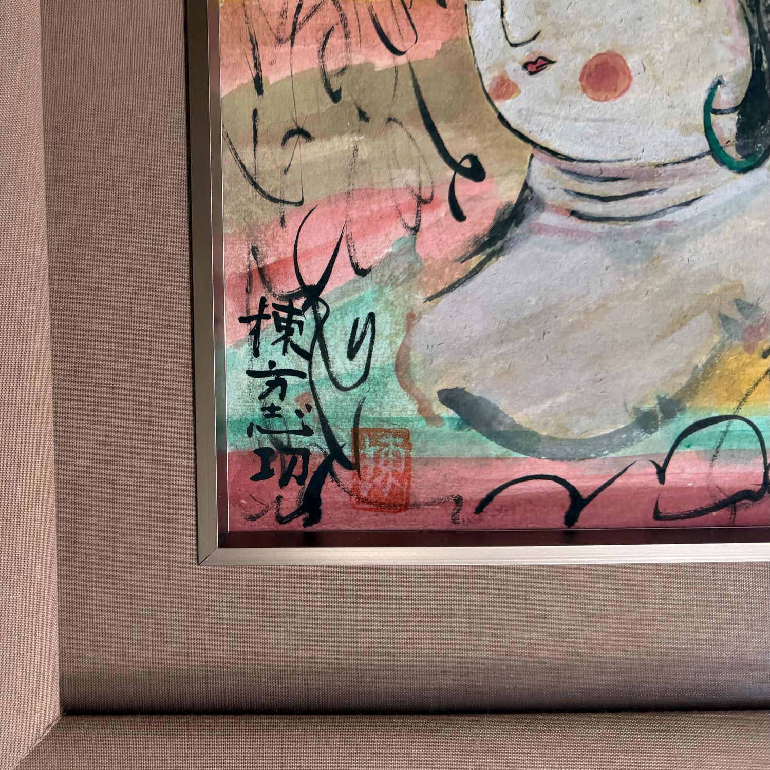 Japanse gemengde techniek op papier, ‘Deugdzame Vrouw’ (善女人棚), naar Munakata Shikō, 1950s