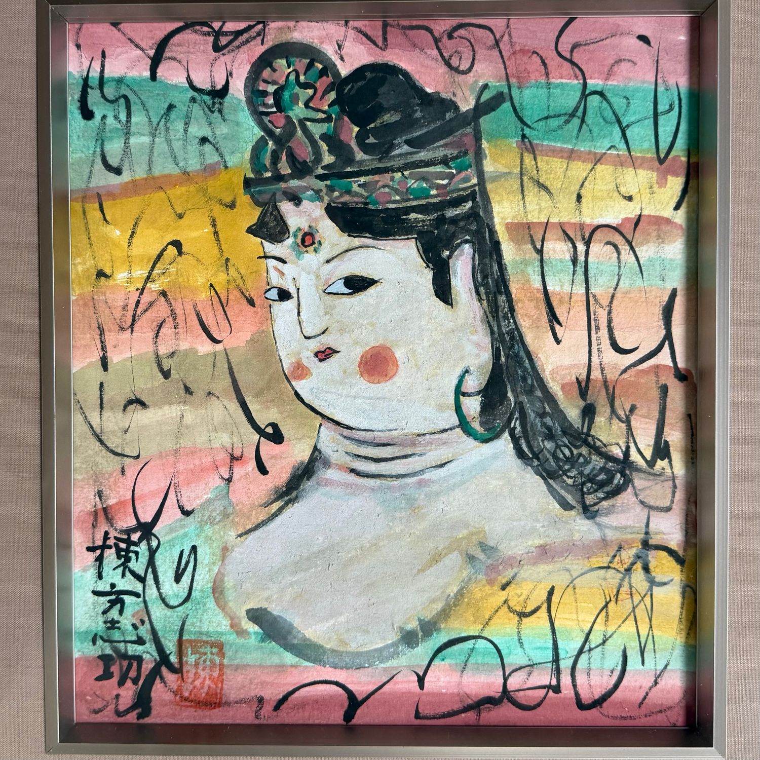 Japanse gemengde techniek op papier, ‘Deugdzame Vrouw’ (善女人棚), naar Munakata Shikō, 1950s