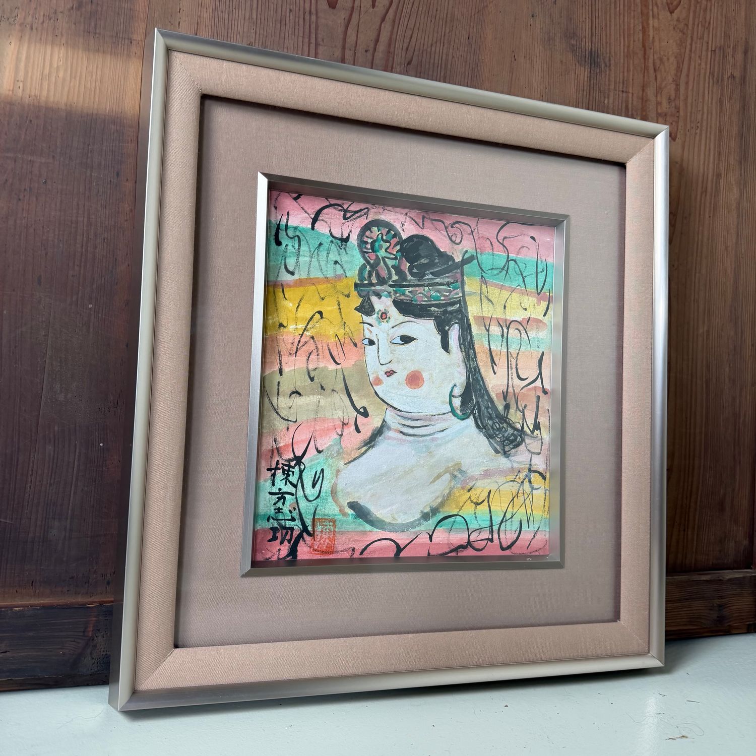 Japanse gemengde techniek op papier, ‘Deugdzame Vrouw’ (善女人棚), naar Munakata Shikō, 1950s