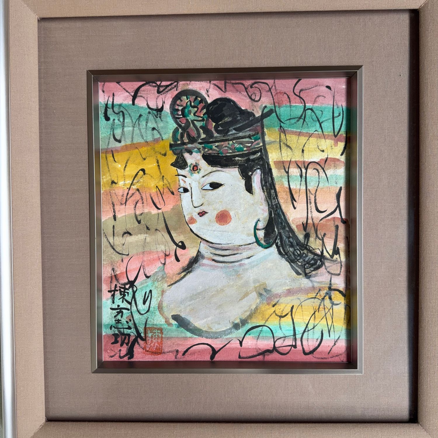 Japanse gemengde techniek op papier, ‘Deugdzame Vrouw’ (善女人棚), naar Munakata Shikō, 1950s