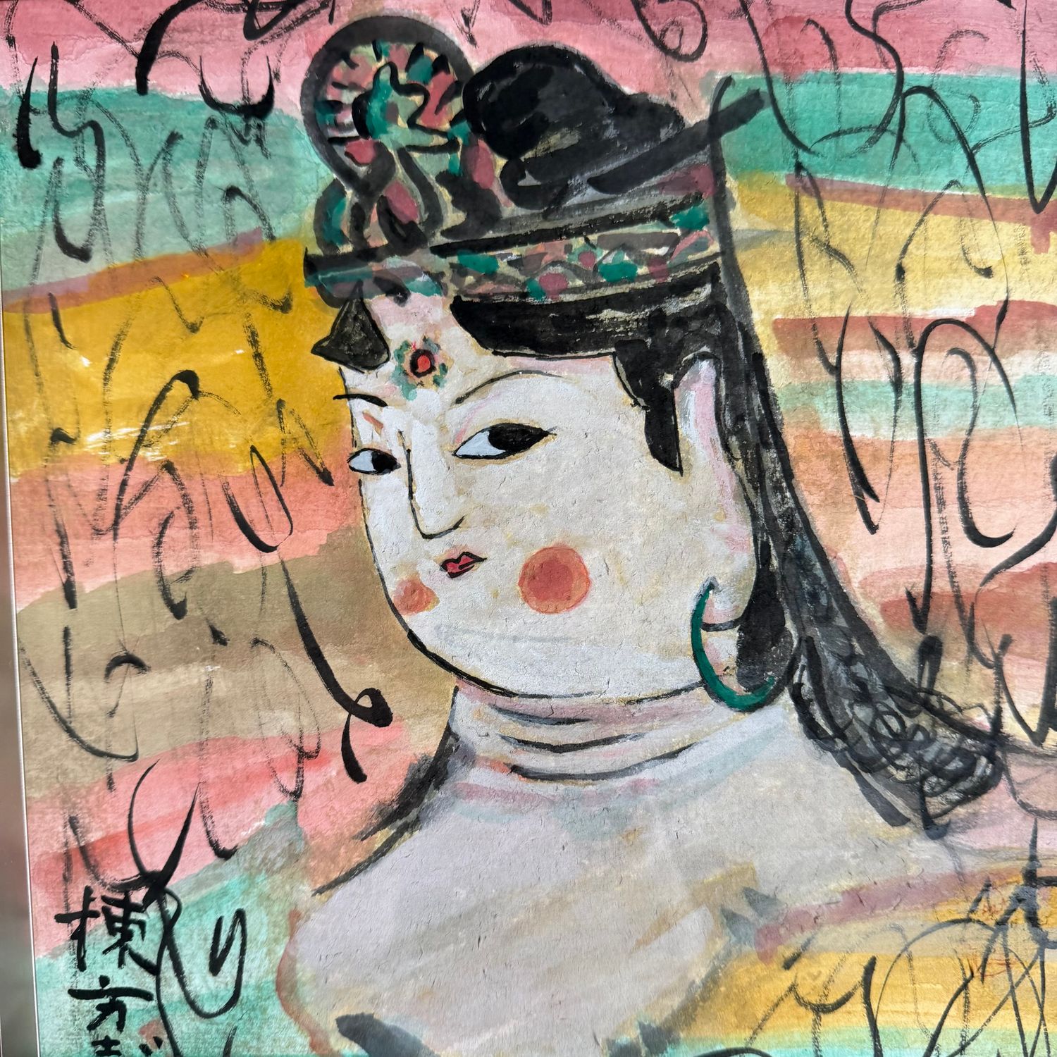 Japanse gemengde techniek op papier, ‘Deugdzame Vrouw’ (善女人棚), naar Munakata Shikō, 1950s