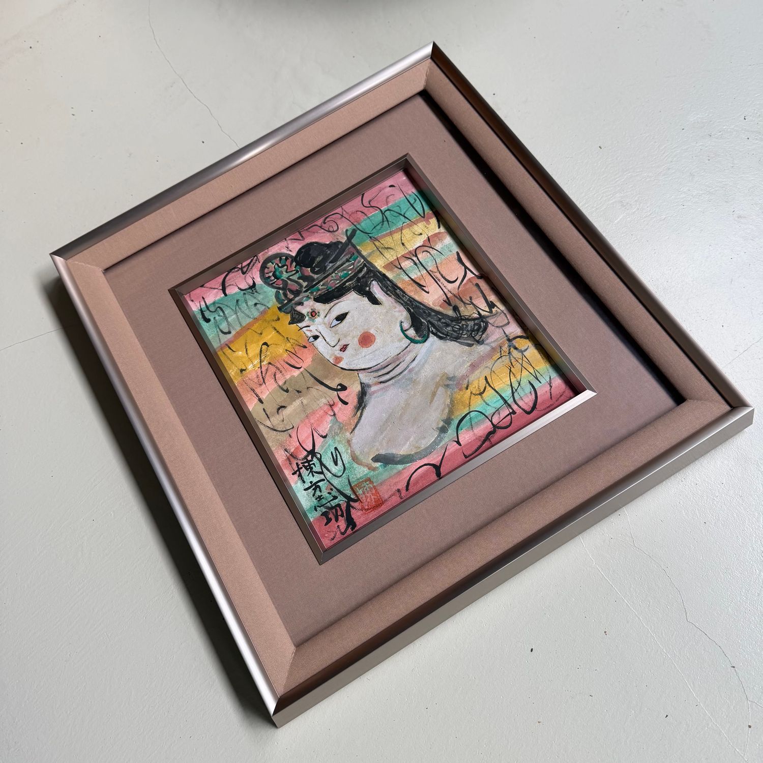 Japanse gemengde techniek op papier, ‘Deugdzame Vrouw’ (善女人棚), naar Munakata Shikō, 1950s