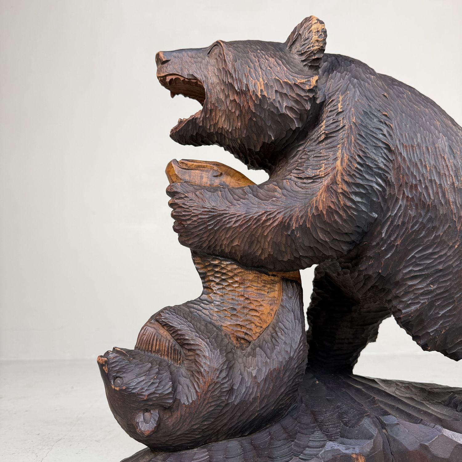 Large Wooden Ainu Bear with Cub and Salmon – 1950s