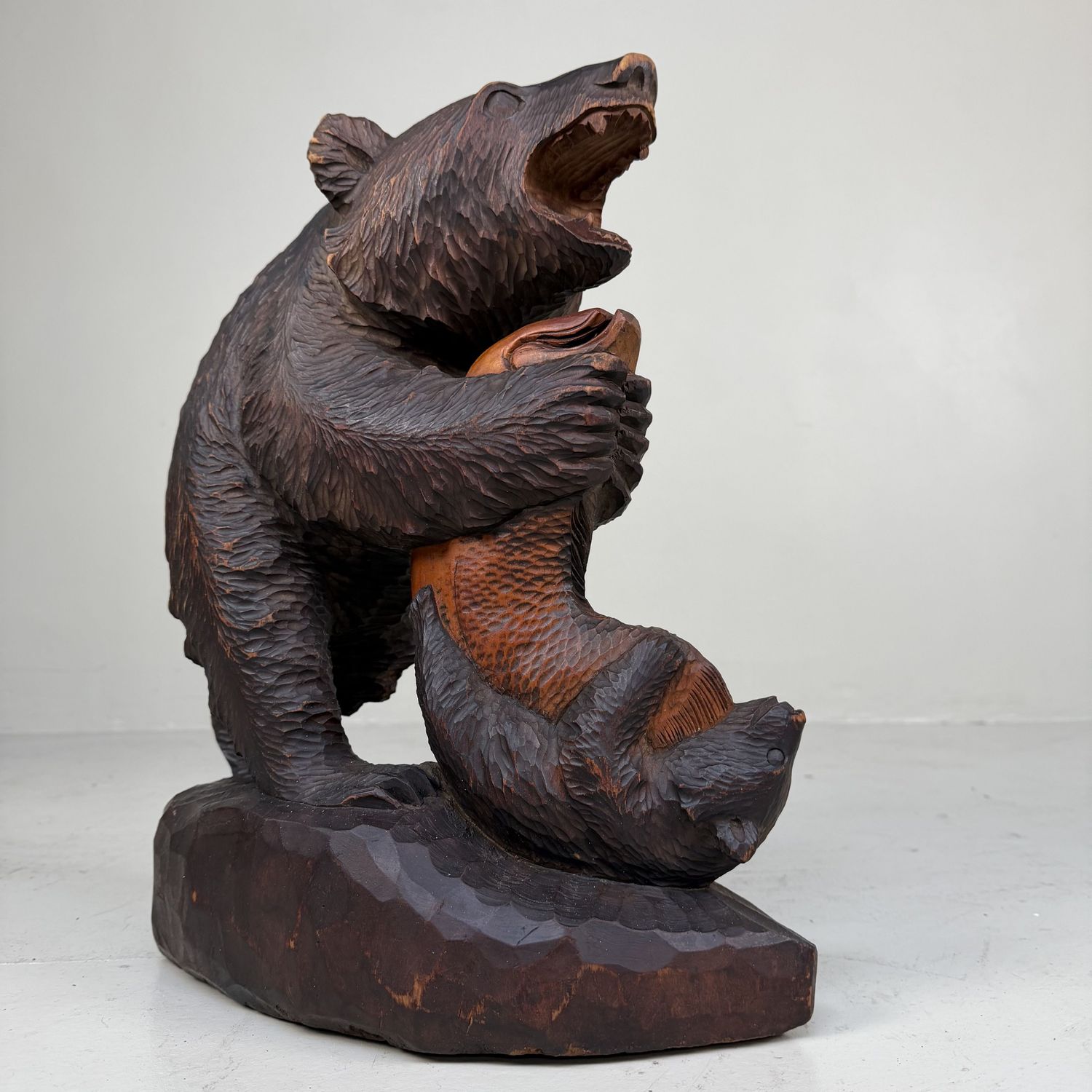 Large Wooden Ainu Bear with Cub and Salmon – 1950s