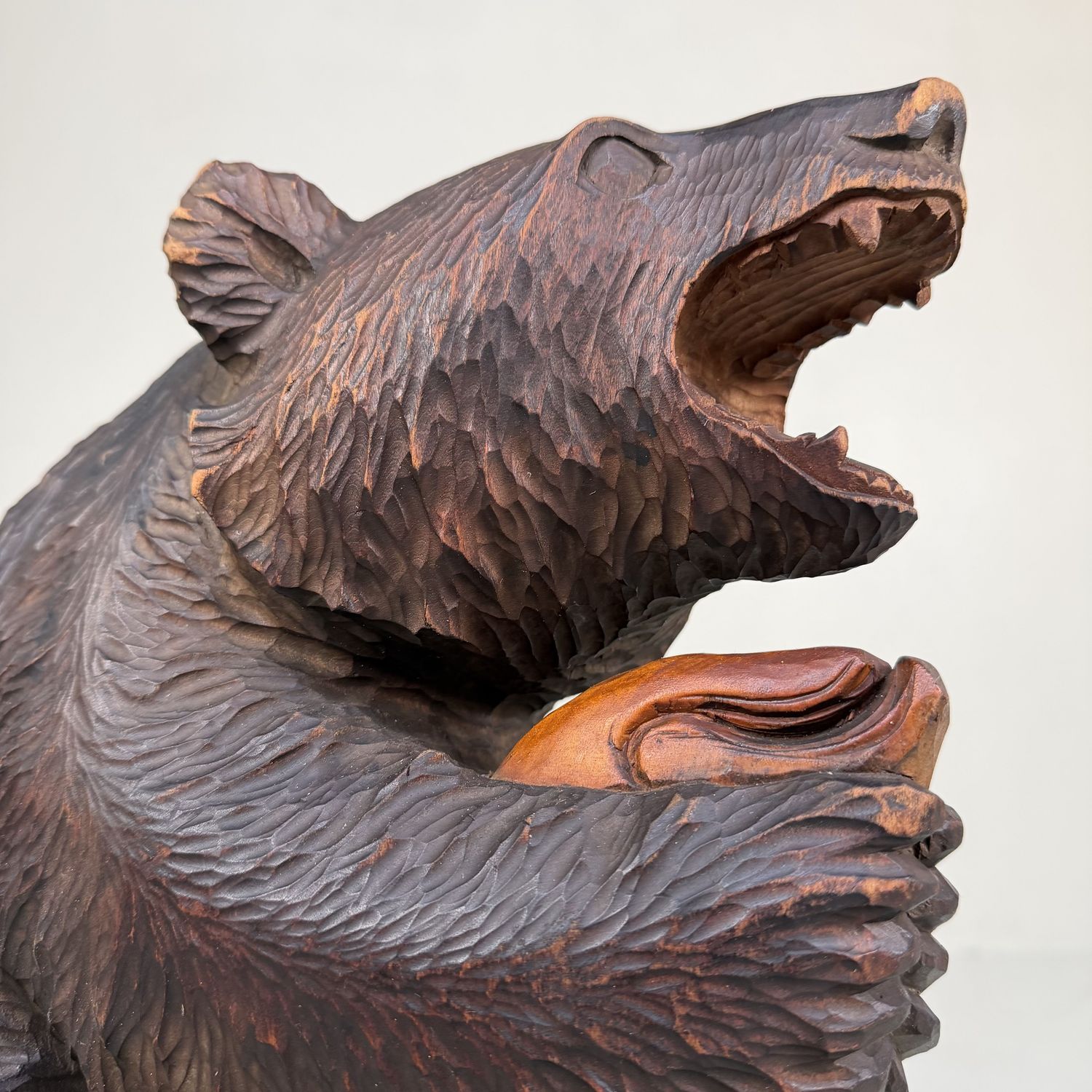 Large Wooden Ainu Bear with Cub and Salmon – 1950s