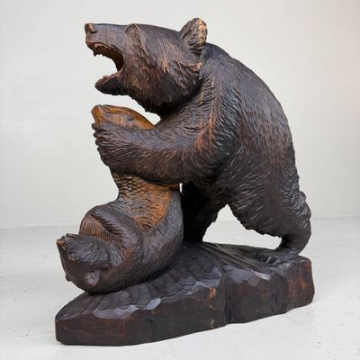Large Wooden Ainu Bear with Cub and Salmon – 1950s