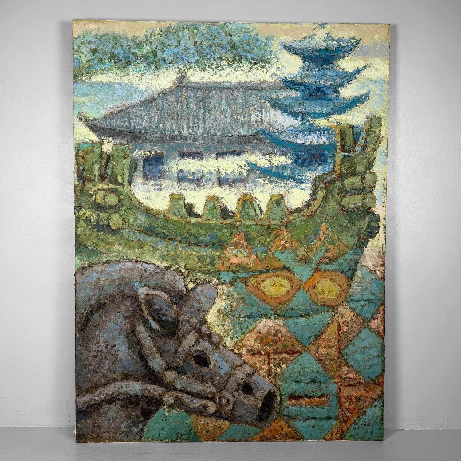 Japans Olieverfschilderij, Haniwa-paard & Pagode, Takahashi, 1980s