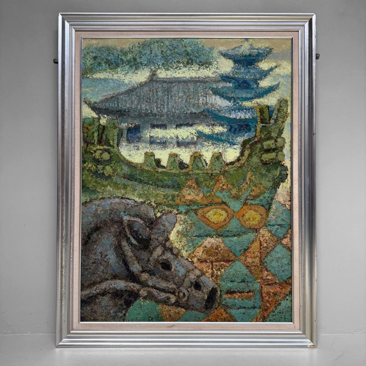 Japans Olieverfschilderij, Haniwa-paard & Pagode, Takahashi, 1980s