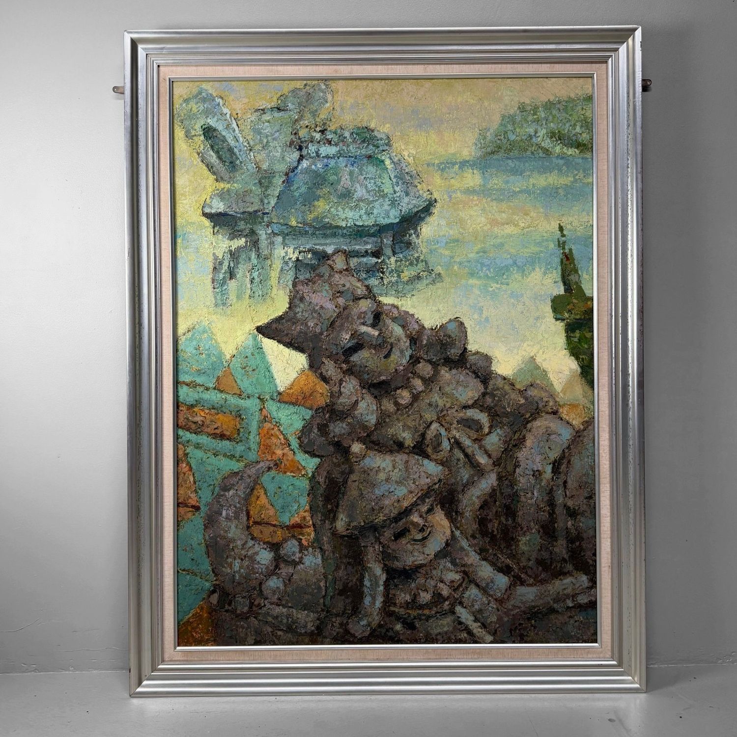 Japans Olieverfschilderij met Haniwa-figuren, Takahashi, 1980s