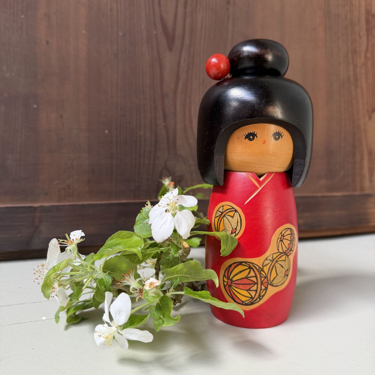 Vintage Sōsaku Kokeshi with Temari Motif, 1980s