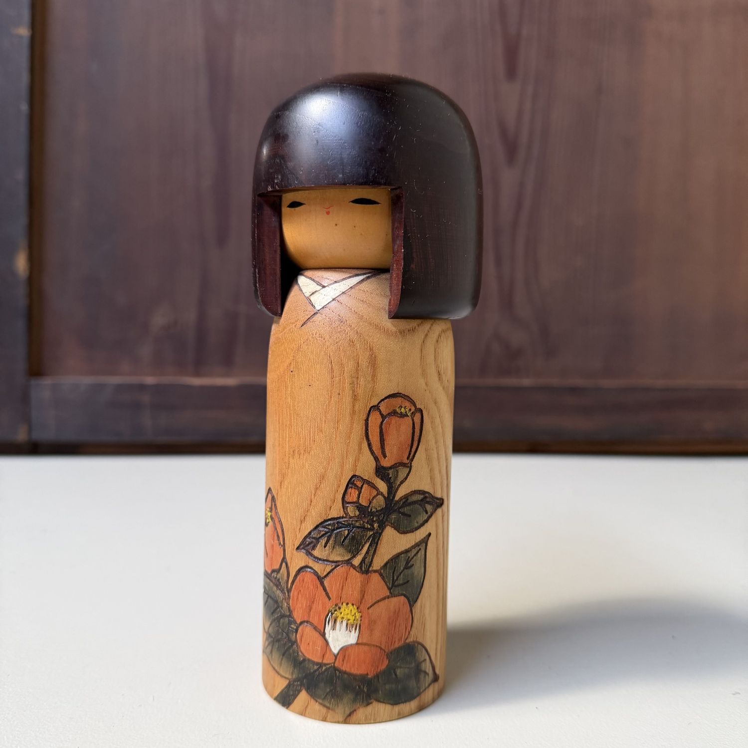 Vintage Bloemen Kokeshi door Okamoto Usaburo, 1970s