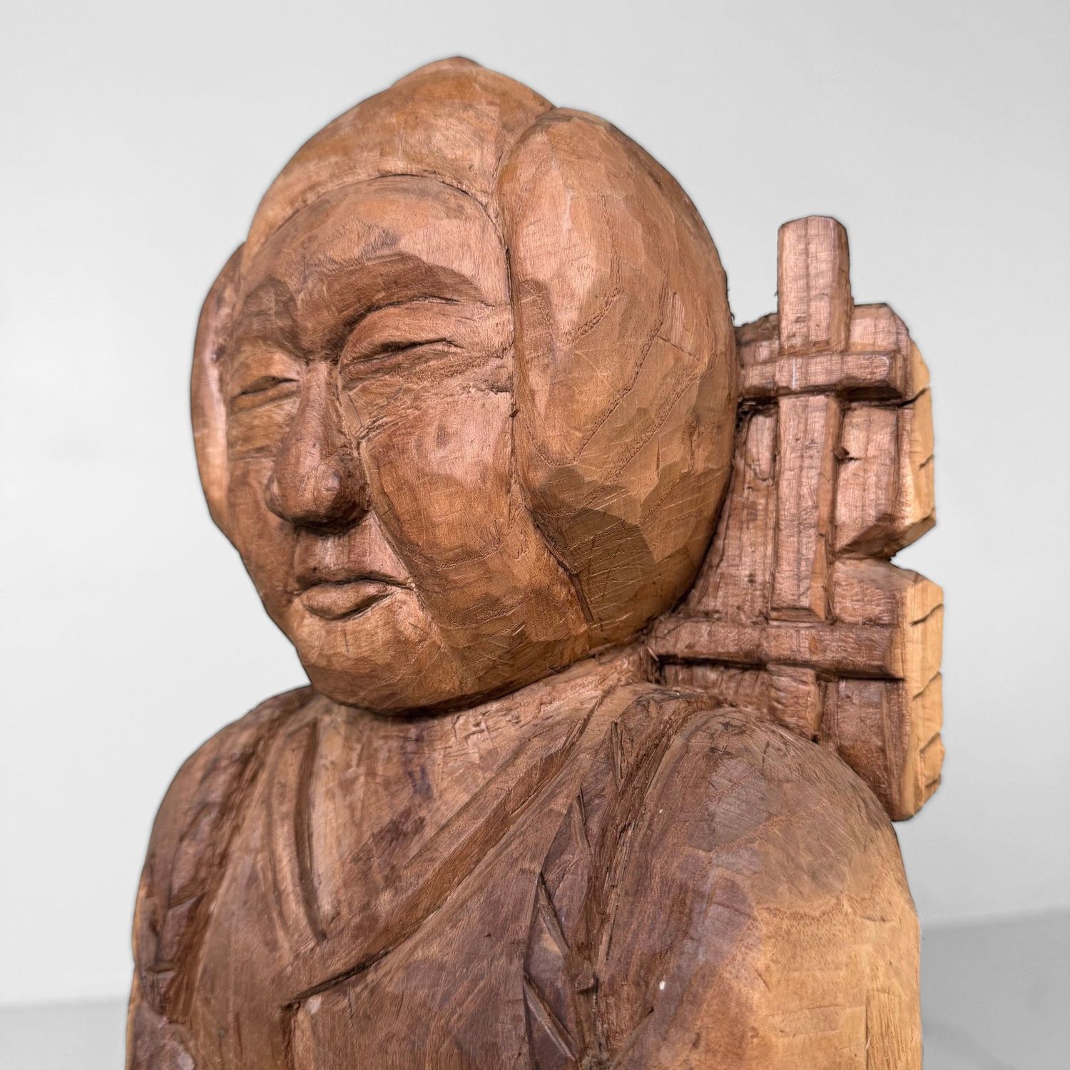 Japanese Mingei Wooden Sculpture of Ninomiya Kinjirō, Shōwa Period