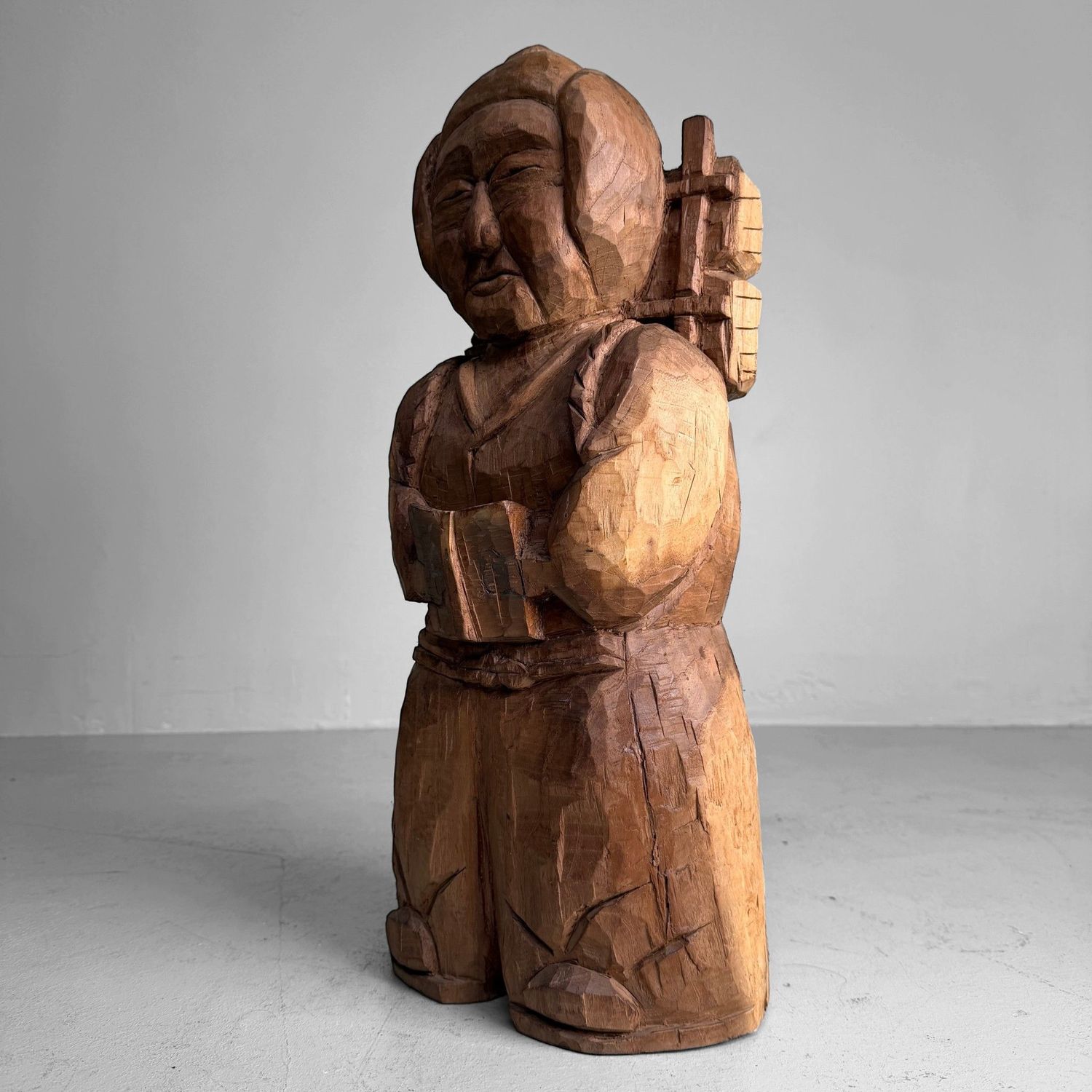 Japanese Mingei Wooden Sculpture of Ninomiya Kinjirō, Shōwa Period