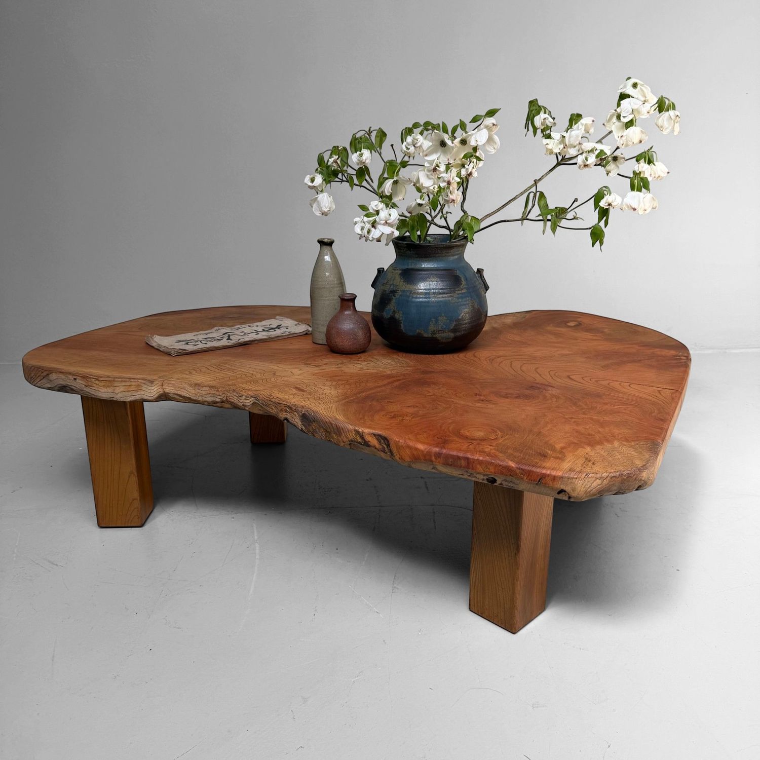 Organic Japanese Low Keyaki Slab Table, 1960s