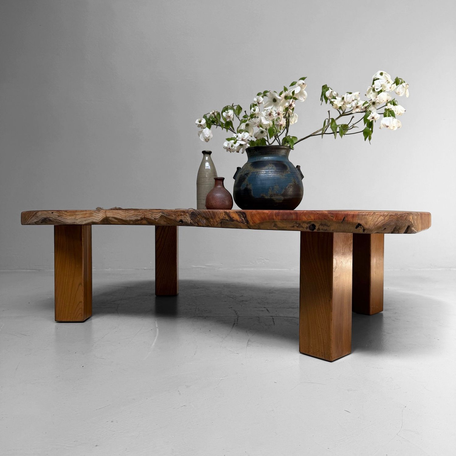 Organic Japanese Low Keyaki Slab Table, 1960s