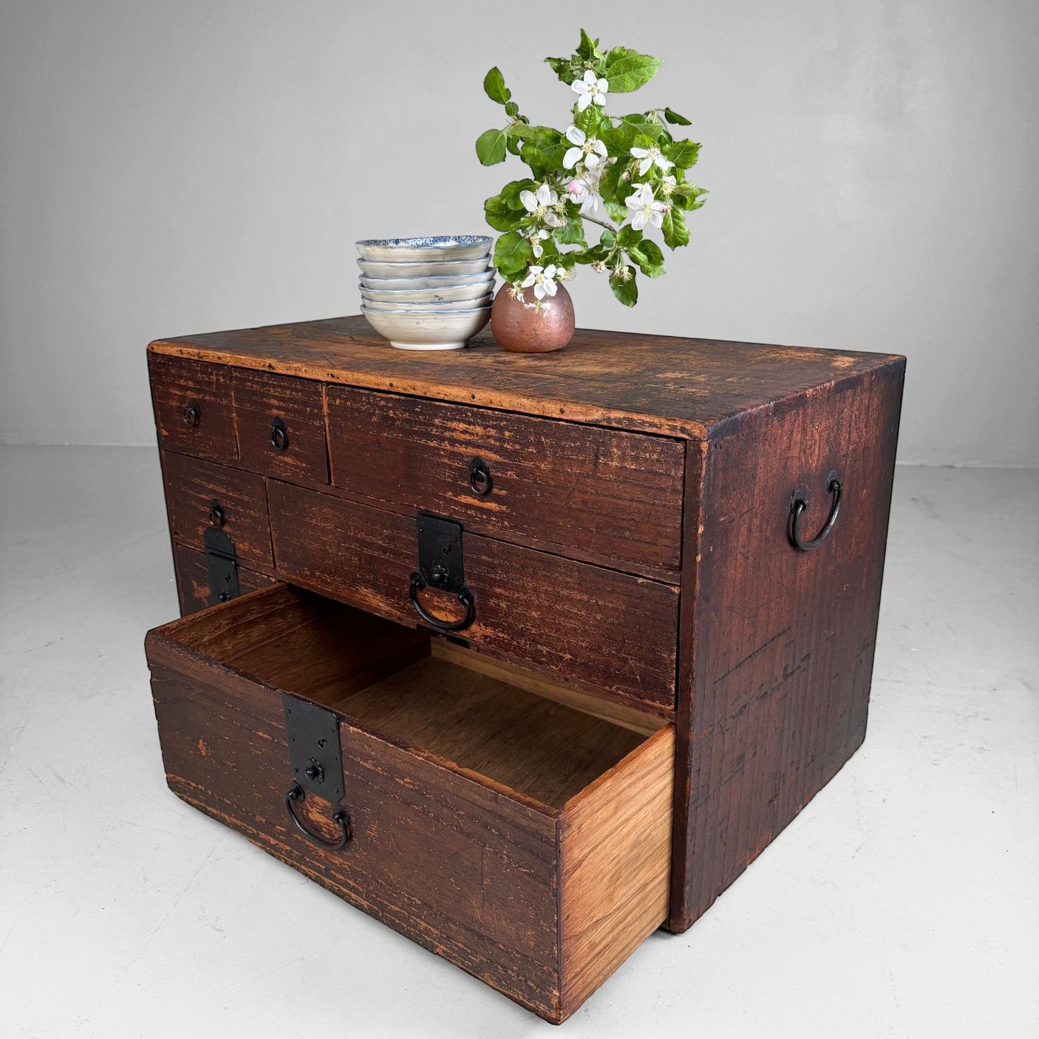 Low Japanese Kimono Tansu Chest of Drawers, c. 1900
