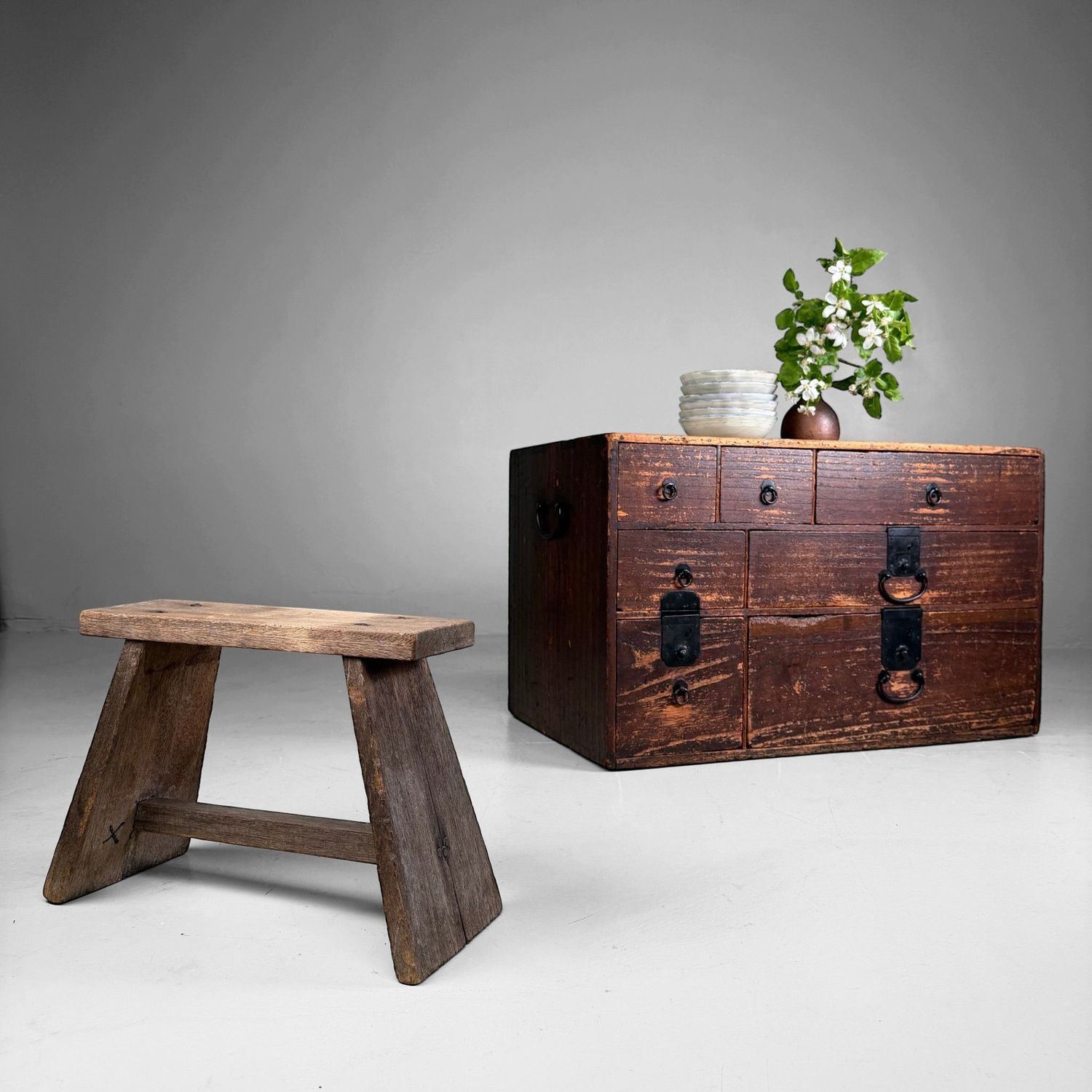 Low Japanese Kimono Tansu Chest of Drawers, c. 1900